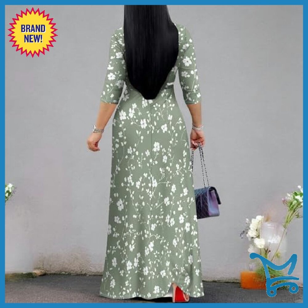 Plus Size Maxi Dress Flowy 3/4 Sleeve with Belt Polyester Stretchy - Picture 7 of 7